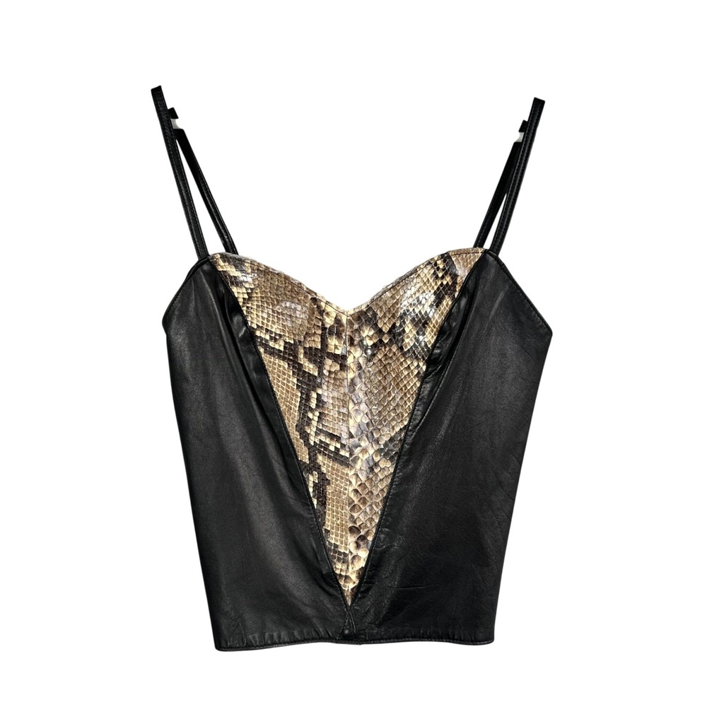 Vintage Christian Lauren Black Leather Snakeskin Camisole Top Large Sweetheart